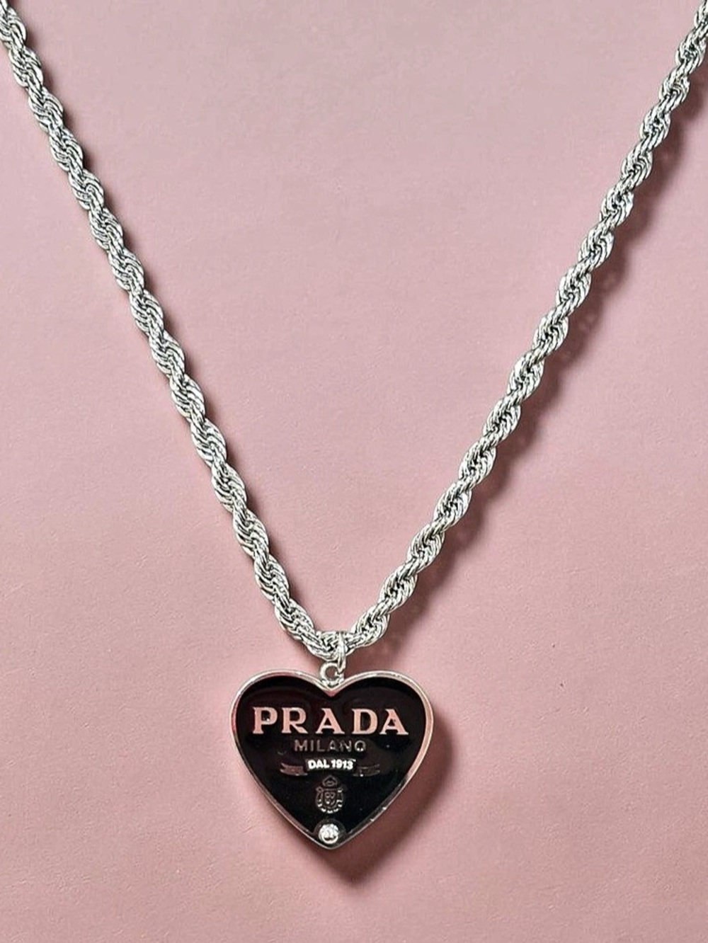 Upcycled Prada Heart Pendant Necklace in Silver & Black